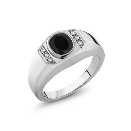 1.31 Ct Oval Black Onyx White Created Sapphire 925 Sterling Silver Men's Ring