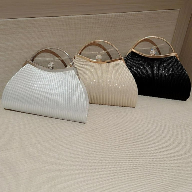 Pleated Evening Handbag Women Top Handle Glitter Day Clutch Ladies Wedding Dinner Dressed Clip Bag Diamond Party Purse Women s Size Small Black