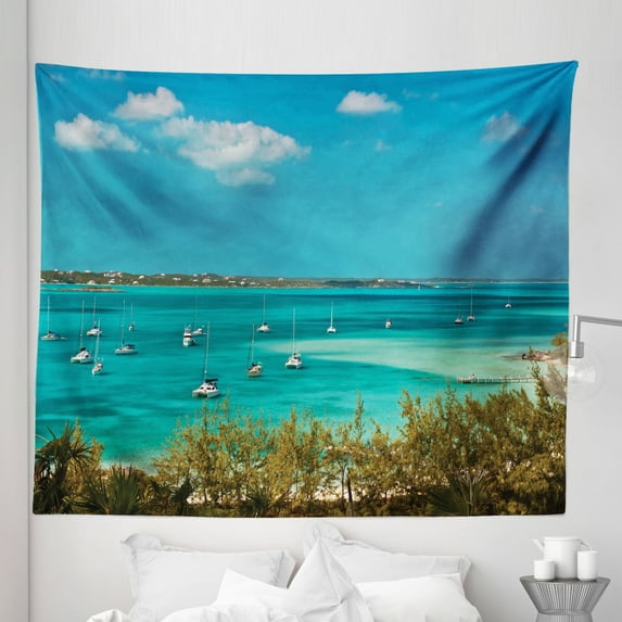 Ocean Tapestry, Sailboats and Power Boats Anchored in Crystal Clear Waters of the Bahamas, Fabric Wall Hanging Decor for Bedroom Living Room Dorm, 5 Sizes, Teal Blue Green, by Ambesonne