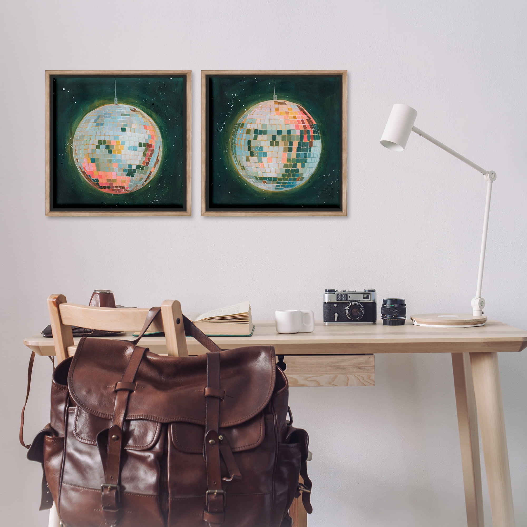 Stupell Industries Disco Balls with Vivid Hues Entertainment Painting Brown Floater Framed Canvas Art Print Wall Art, 18 x 18, Set of 2