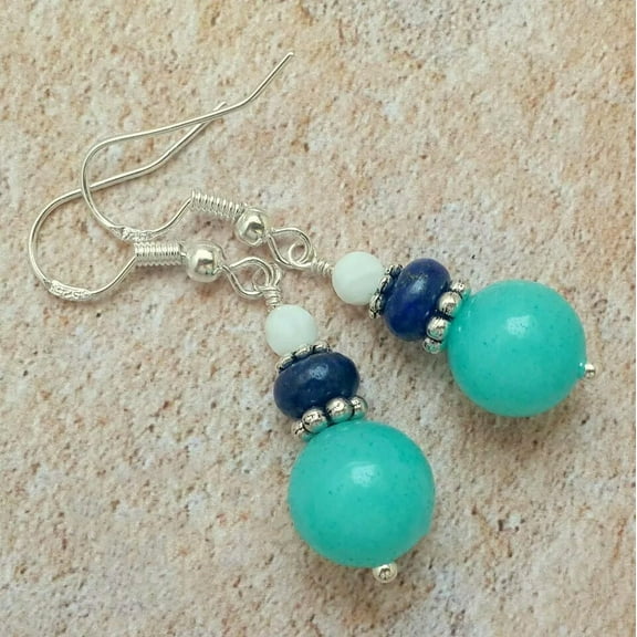 K-KED 10mm Blue Amazonite 5x8mm Lapis Lazuli Jade Gemstone Beads Hook Dangle Earrings