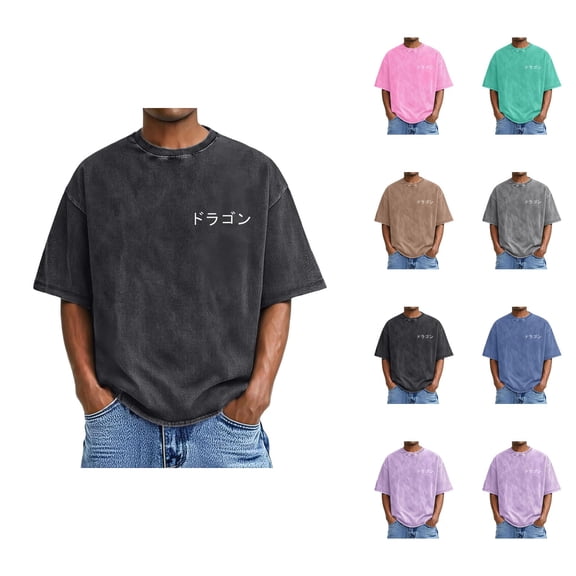 Washed Vintage T Shirts for Men 2026 Summer Casual Short Sleeve Crewneck Japanese Printed Tee Shirt
