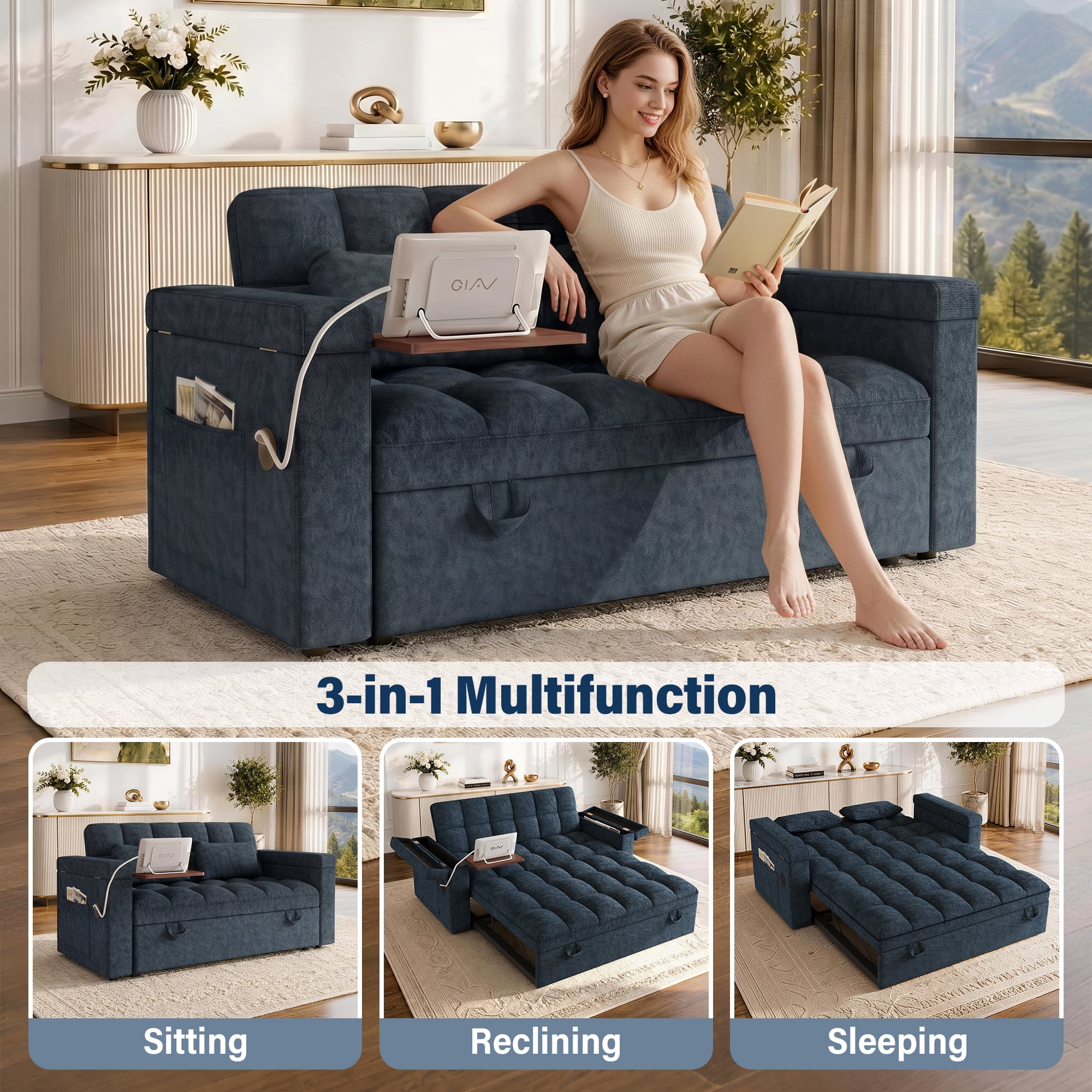 Aukfa 65" 3-in-1 Convertible Sofa Bed with Side Table, Chenille Sleeper Couch with Storage Armrest & 6-Position Adjustable Backrest,Blue