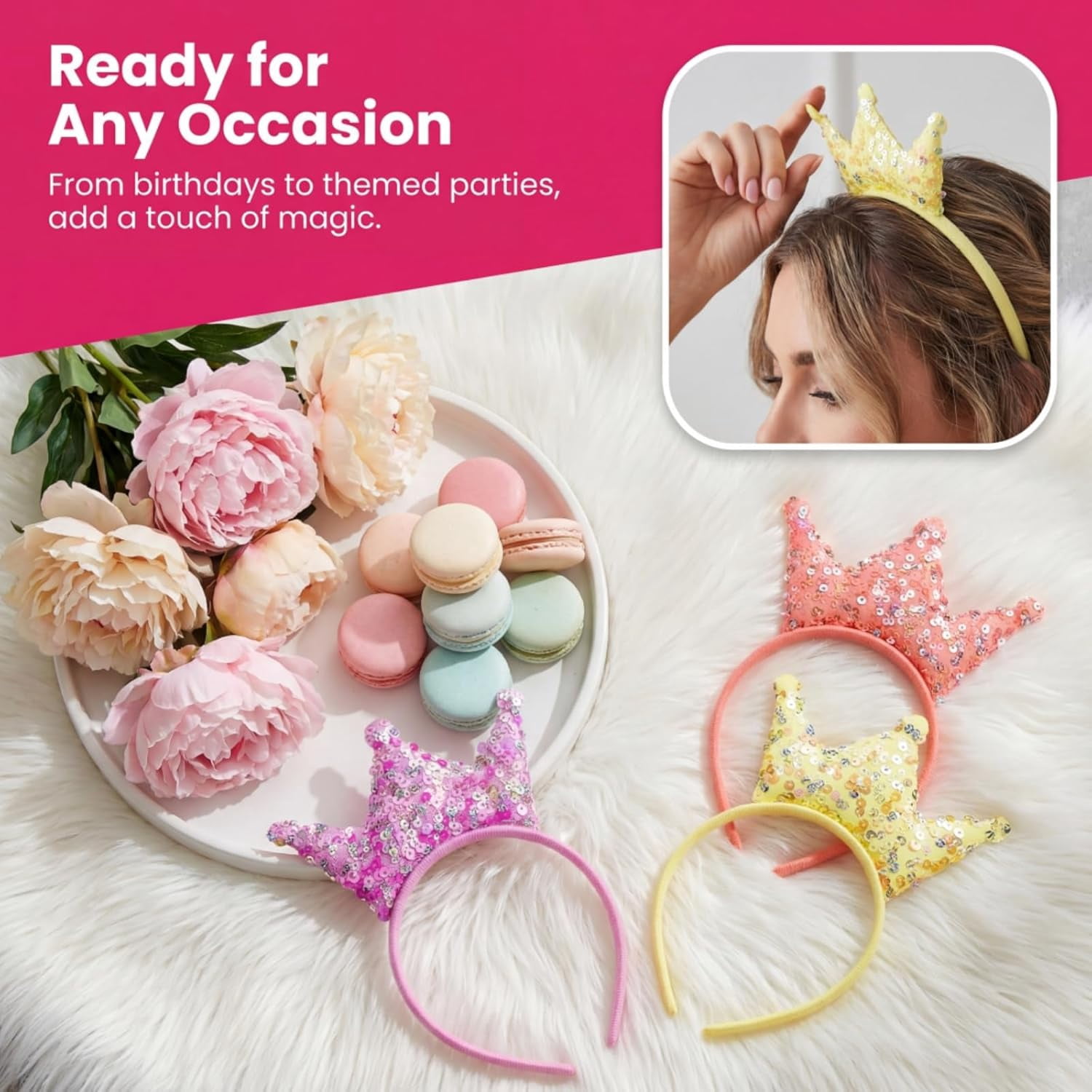 12 Pack Princess Crown Headband, Glitter Sequin Crown Headband, Shiny Tiaras and Crowns Hair Accessories for Birthday Party, Gifts