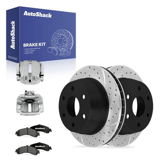 AutoShack Rear Vented Drilled & Slotted E-Coated Brake Rotors   Ceramic Pads   Calipers 8-PC Brake Kit Replacement for 2005-2006 GMC Sierra 1500 ShadowGuard 12.99" (330 mm)