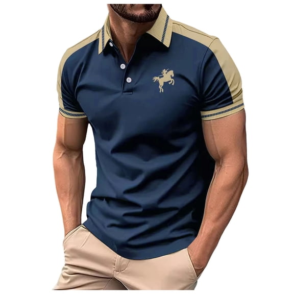 FUZHIQ Men's Polo Shirts Short Sleeve Color Block Horse Embroidery Casual Golf Polo Breathable Lightweight Business Daily Wear Fashion Collared Tops,L