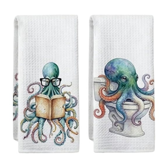 2 Pack Vintage Octopuss Printed Kitchen Towels, Absorbent Dishes Cloths Cute Oceans Animals Hand Towels For Kitchen Bathroom And Coastals Decor