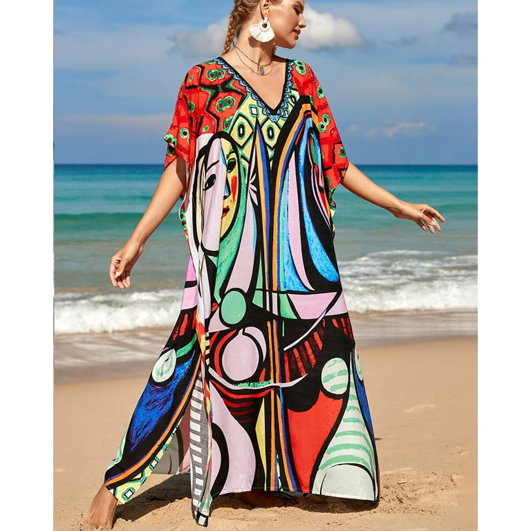 Edolynsa Women s Plus size kaftan dresses printed bathing suit cover ups caftans for women loungewear
