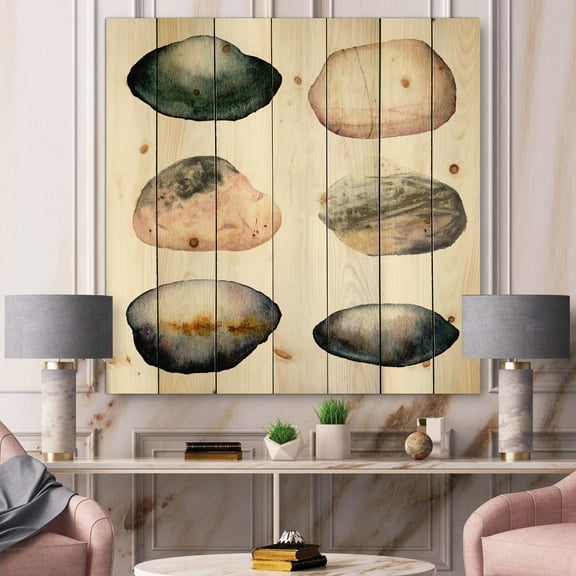 Designart 'Six Abstract Sea Stones On White' Nautical & Coastal Print on Natural Pine Wood