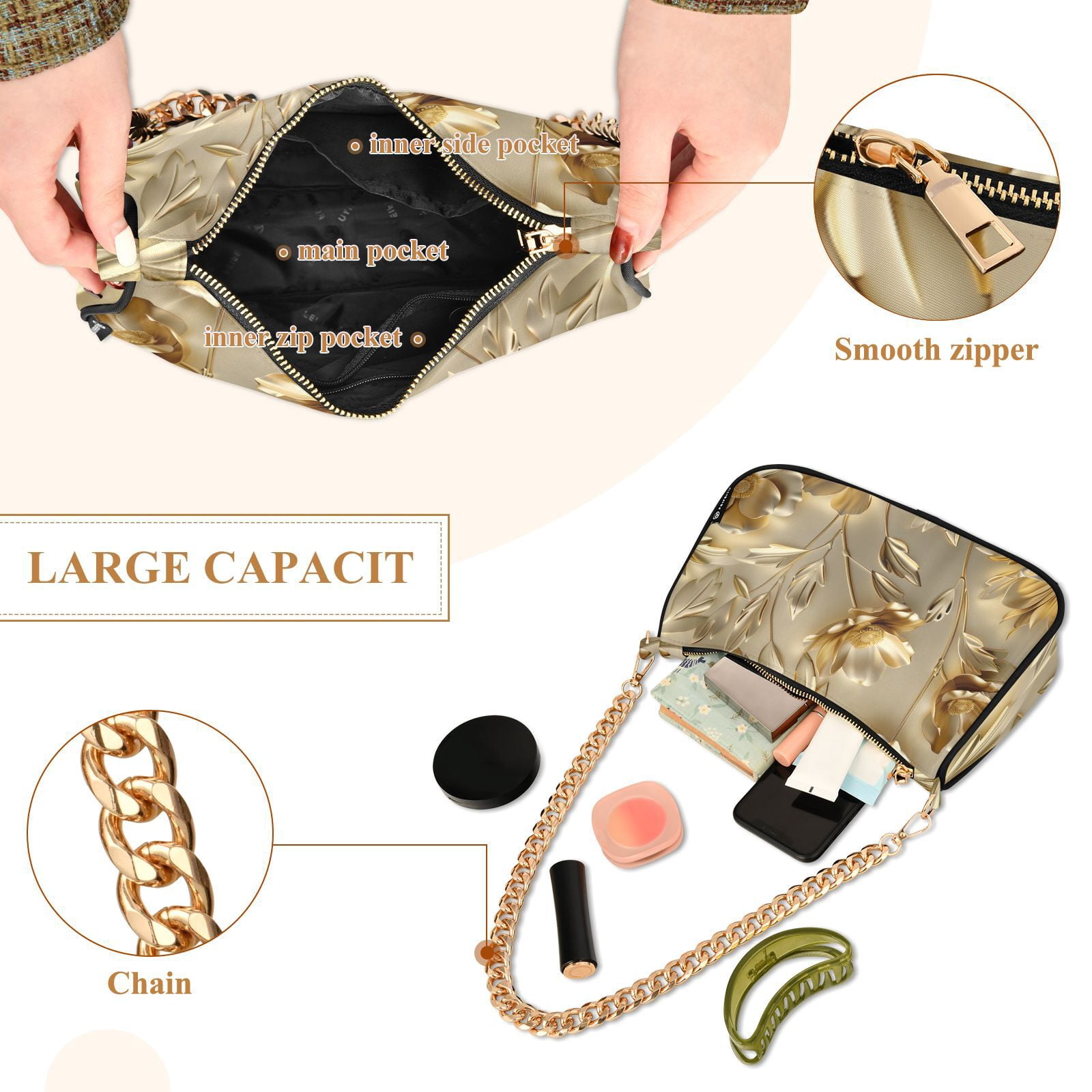 Gold Flowers and LeavesWomen Small Shoulder Bag Crossbody Tote Hobo Bags Purse Clutch Handbags with Chain Strap for Women