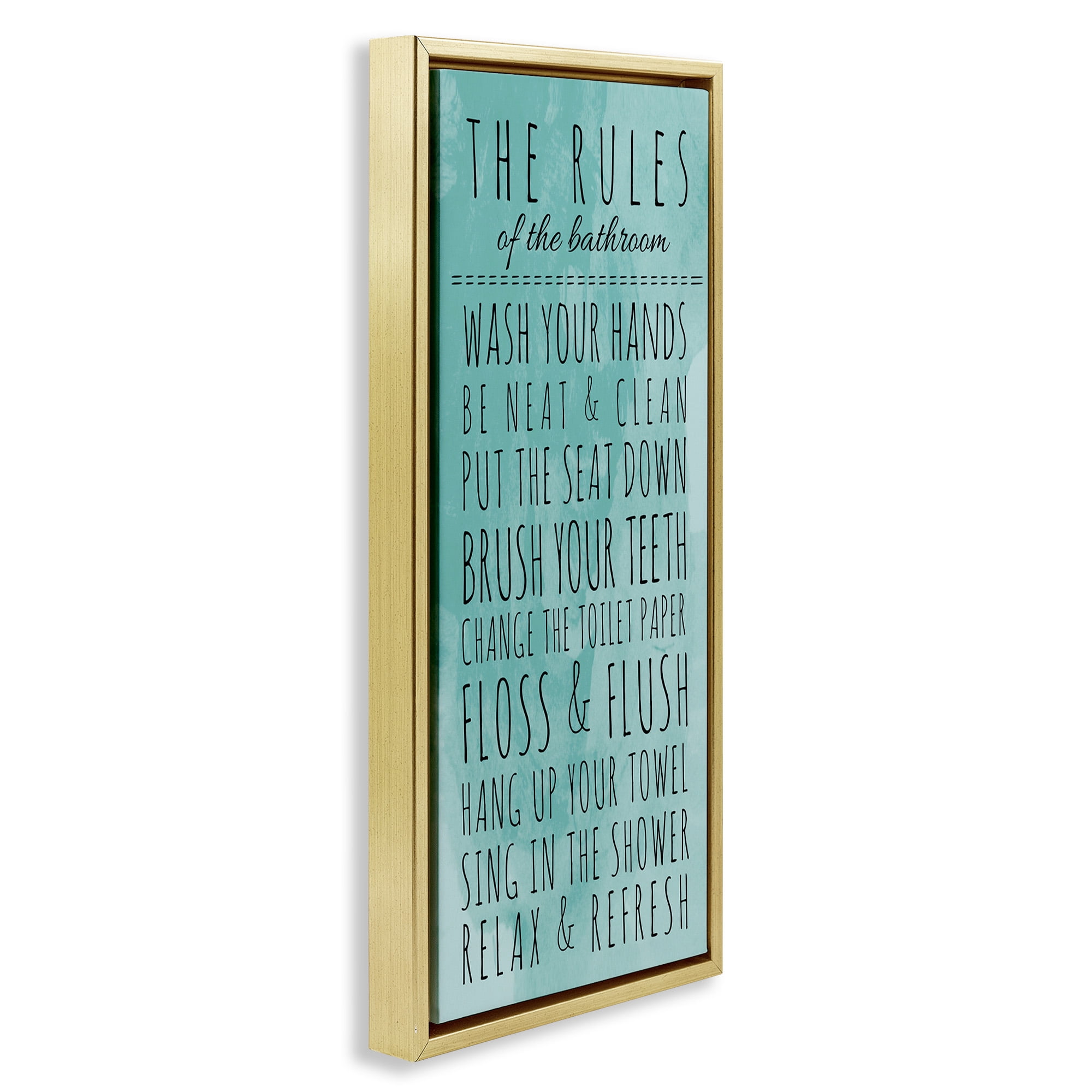 Stupell Industries Bathroom Rules on Turquoise Typography Painting Gold Floater Framed Canvas Art Print Wall Art, 15 x 31