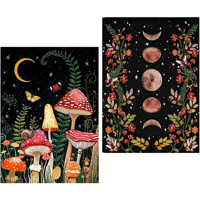 Kit de pintura con diamantes para adultos (Juego de 2) — Arte con diamantes redondos 5D "Hazlo tú mismo" (DIY) de perforación completa: "Bosque de hongos" y pintura(15 x 20 pulgadas, sin marco)