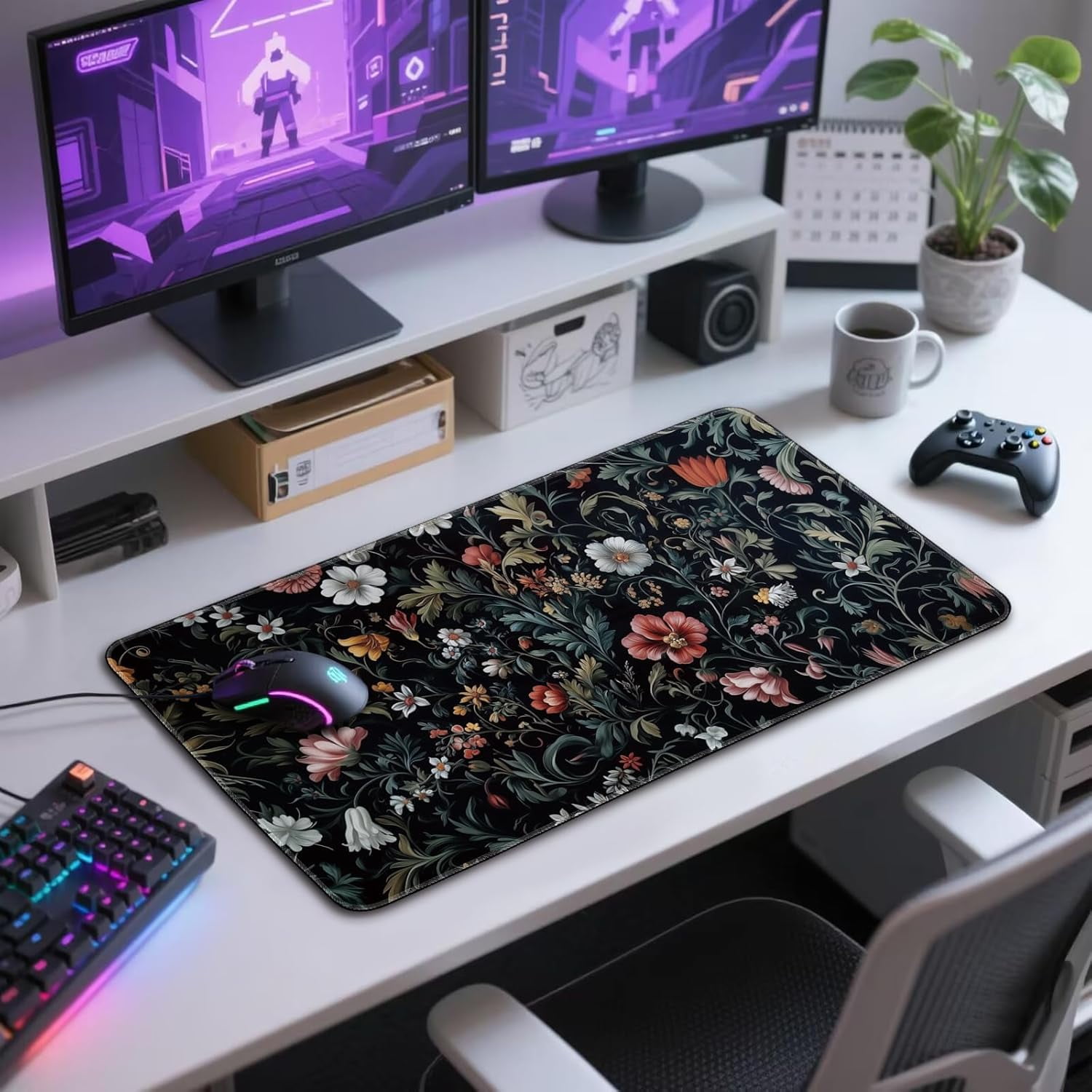 Dark Floral Pattern Large Gaming Mouse Pad 31.5"x15.7"｜XXL Desk Mat, Non-Slip Rubber Base & Stitched Edges - Extended Waterproof Mousepad for PC/Laptop/Office/Home Decor