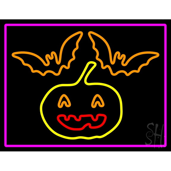 Pumpkin And Bats With Pink Border LED Neon Sign 15 x 19 - inches, Clear Edge Cut Acrylic Backing, with Dimmer - Bright and Premium built indoor LED Neon Sign for special occasion decor.