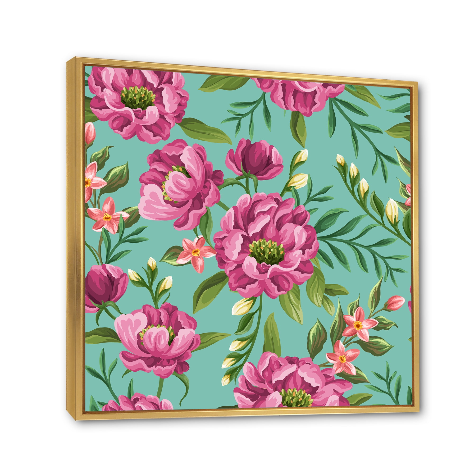 Fuchia Pink Flowers On Green VIntage 36 in x 36 in Framed Painting Canvas Art Print, by Designart