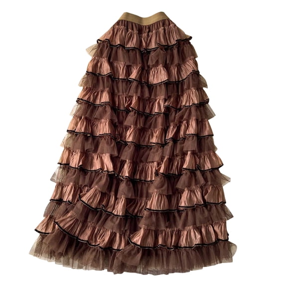 jtjvou Women's Ruffle Tiered Tulle Midi Skirt Aesthetic Fairy Mesh Pleated Skirt with Ribbon Trim Flowy Long Skirt for Party Khaki Free Size