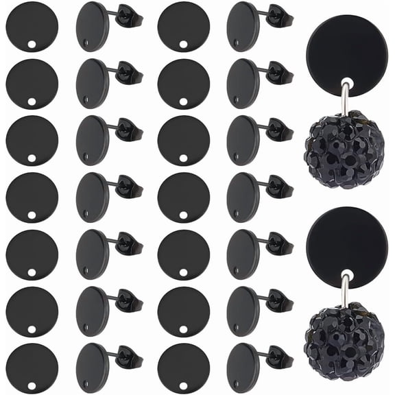 100pcs 10mm Black Stainless Steel Stud Earrings Findings Flat Round Earring Findings Earring Post with Backs for DIY Jewelry Making for DIY