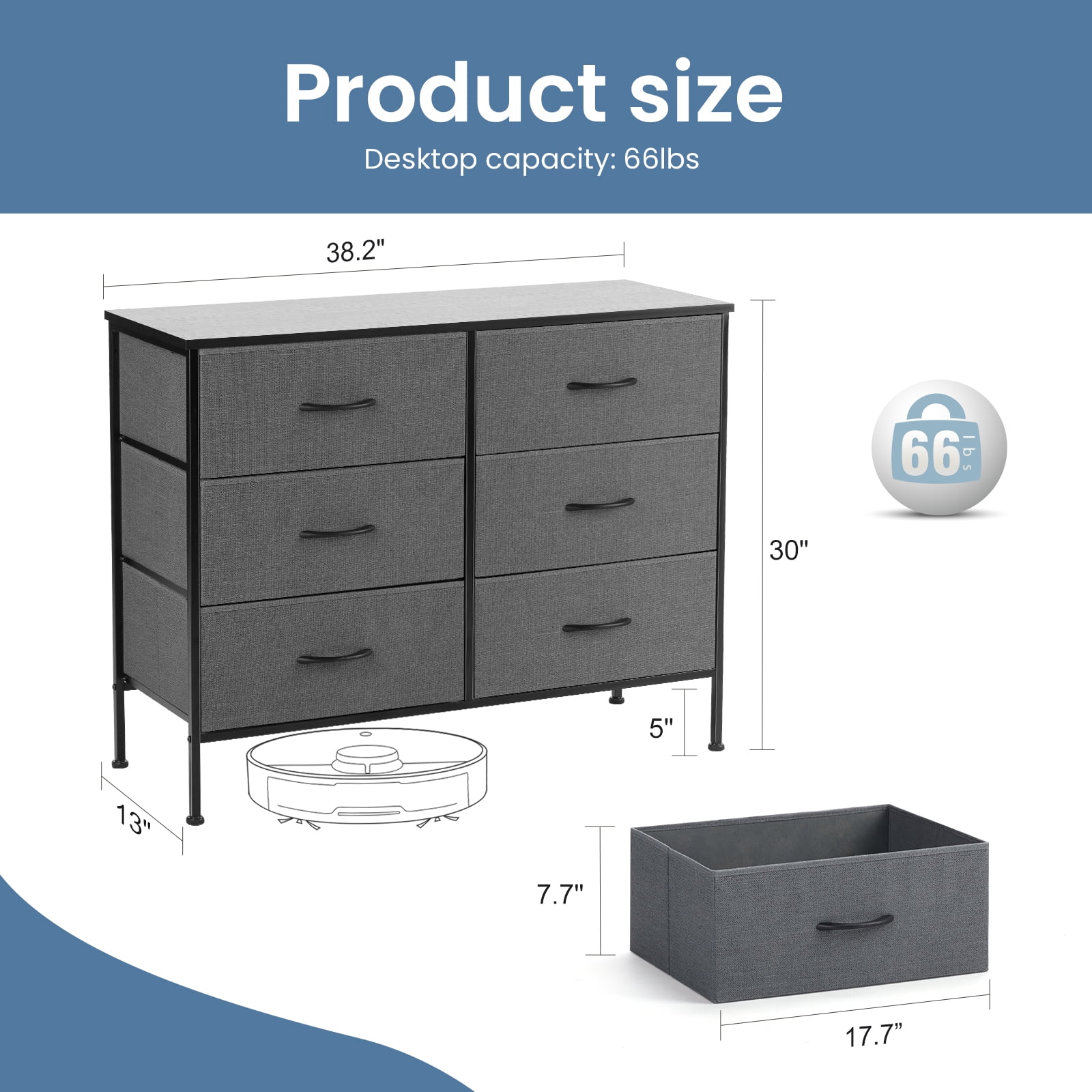 Aukfa 6 Drawer Dresser,Wide Chest of Drawers for Bedroom with Metal Frame for TV,Gray