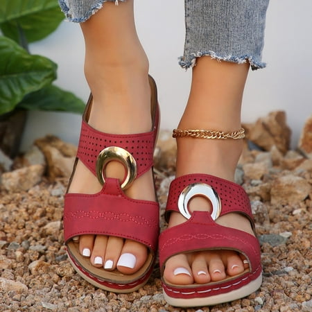 Popular Picks  Summer New Large Size Wedge Fish Mouth Solid Color Beach Sandals  One Line Outside  Comfortable for Women  Outdoor Water Shoes  Fashion Casual Walk | Sopatenor  Red 37