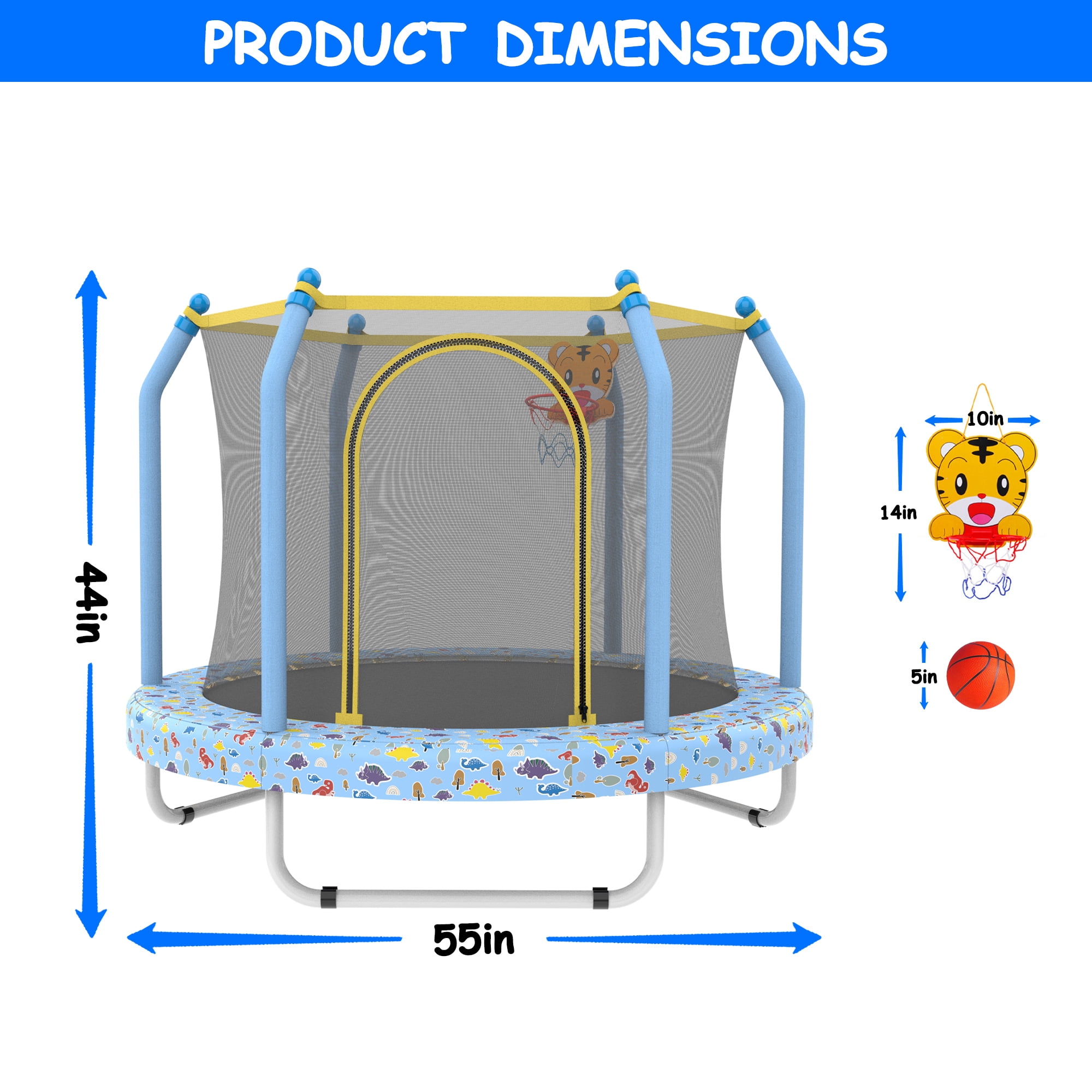 ZIVACATE 55 Inch Outdoor Toddler Trampoline with Enclosure Net, Mini Round Trampoline for Kids with Basketball, Small Trampoline Gifts for Boy and Girls,Blue
