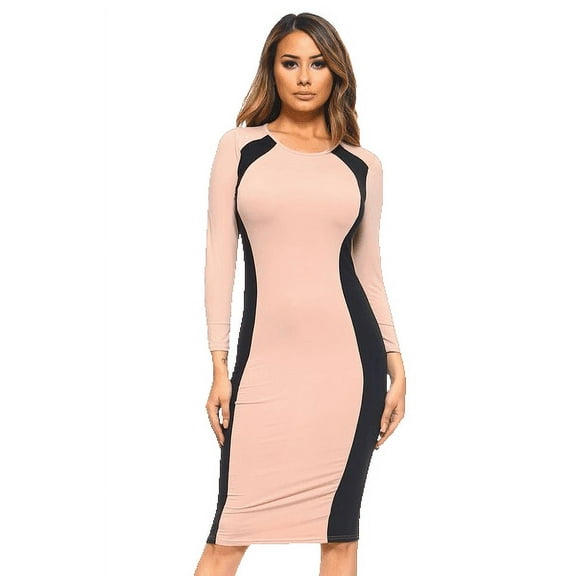 YELETE Women's Color Block Contrast Midi Dress, Camel / Black, L