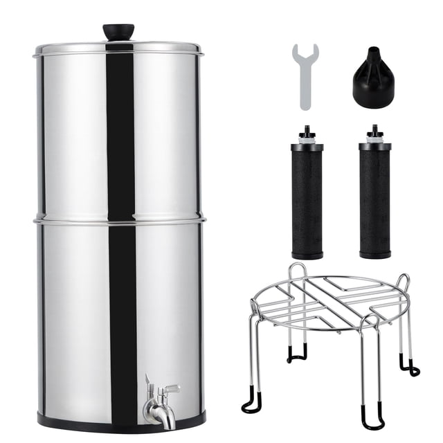 Bingirl 2G Gravity-fed Water Filter System 304 Stainless Steel Countertop Water Filtration System with 2 Filters and Stand Reduce 99 Chlorine for Home Camping RV Fishing