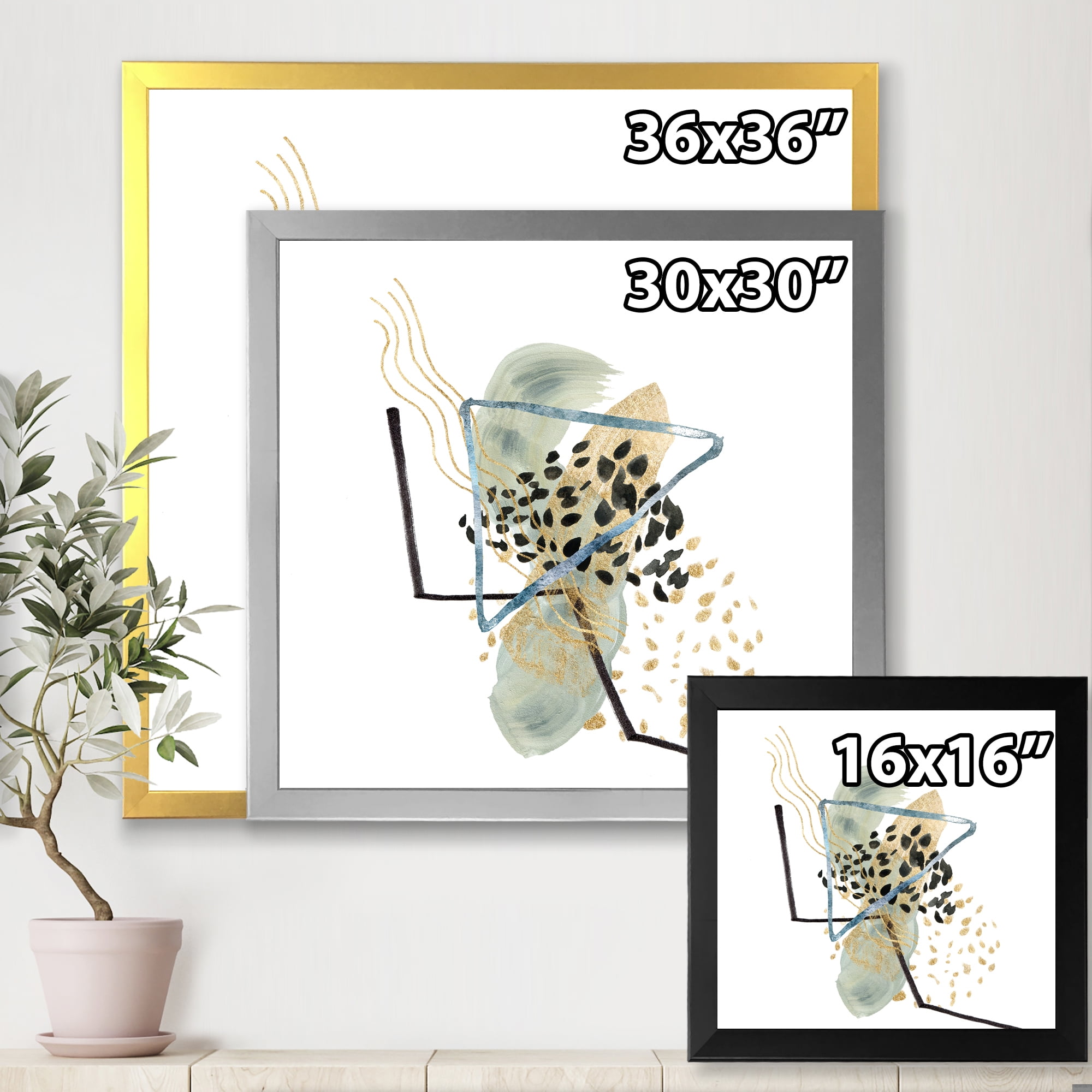 Designart 'Minimalistic Golden Polka Dots and Ink Mountains' Modern Framed Art Print