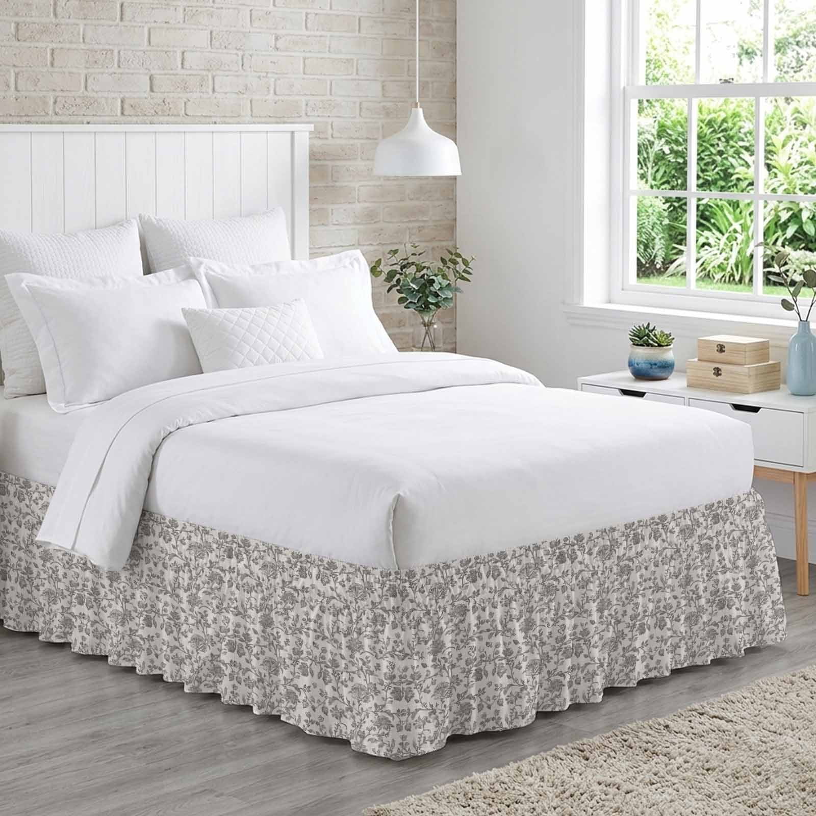 Farmhouse Grey Bed Skirt Queen Size, Vintage Flower Leaf Botanical Plant Wrap Around Bed Skirting with Adjustable Elastic Strap, Dust Ruffle Pleated Bedskirts 16 Inch Drop for Bedroom Queen Beds