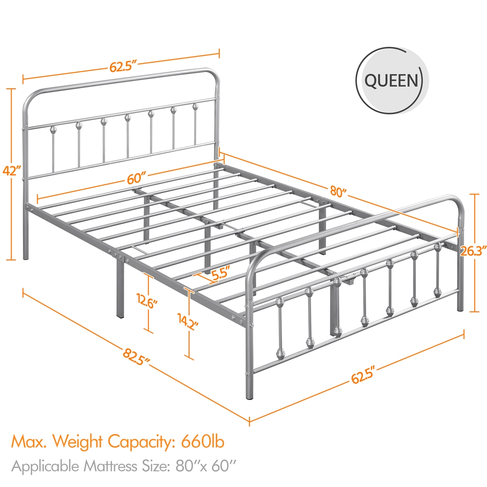 Alden Design Metal Platform Queen Bed with High Headboard, Silver - image 2 of 8