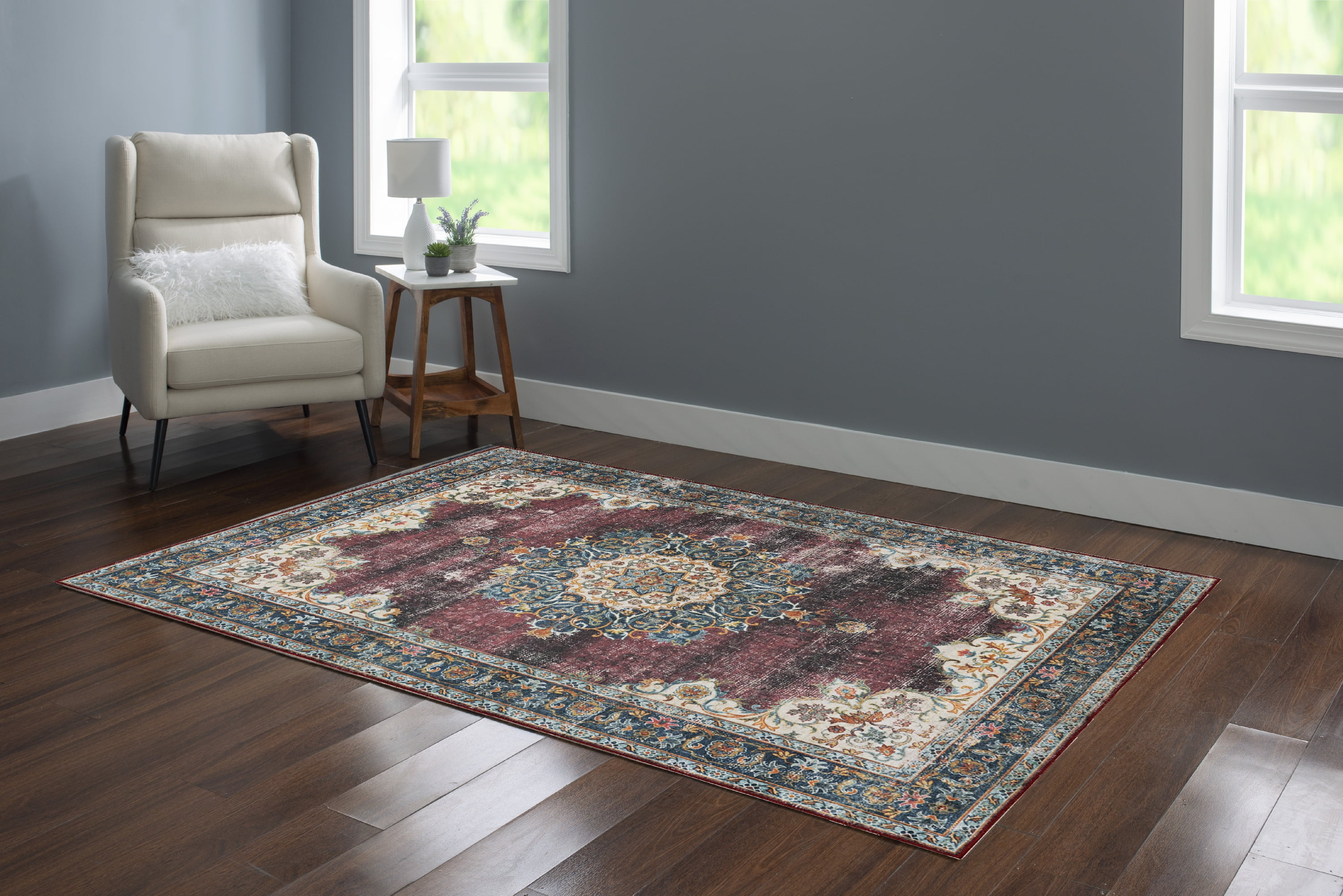 Linon Home Décor Washable Bryant Area Rug or Runner Collection, Ivory and Burgundy, 5' x 7'