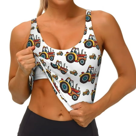 Qokaie Cartoon Tractor Pattern Womens Scoop Neck Sports Bra Breathable Workout Vest Padded U Back Medium Impact Fitness Gym Yoga Bra Workout Crop Top