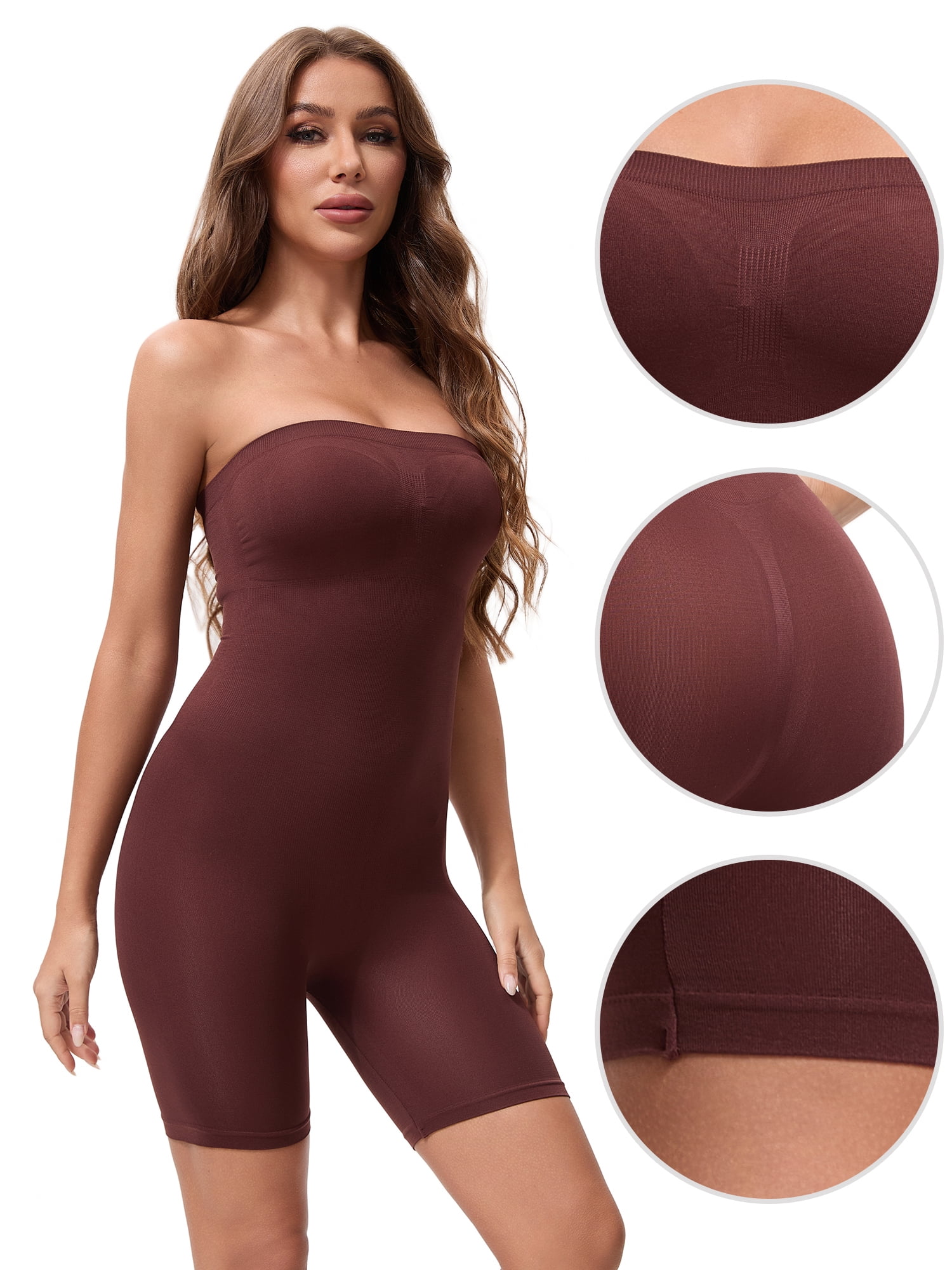 DARING DIVA Women's Tube Top Shapewear Bodysuit Mid Thigh Jumpsuit XL Coffee