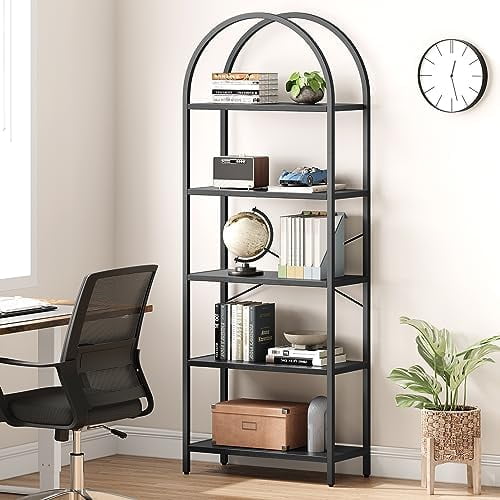 Bookshelf Tall Bookcase Arched Standing Bookshelves Modern Display Racks 5 Tier Storage Rack Shelf Large Wood Book Shelf for Bedroom, Living Room, Home Office