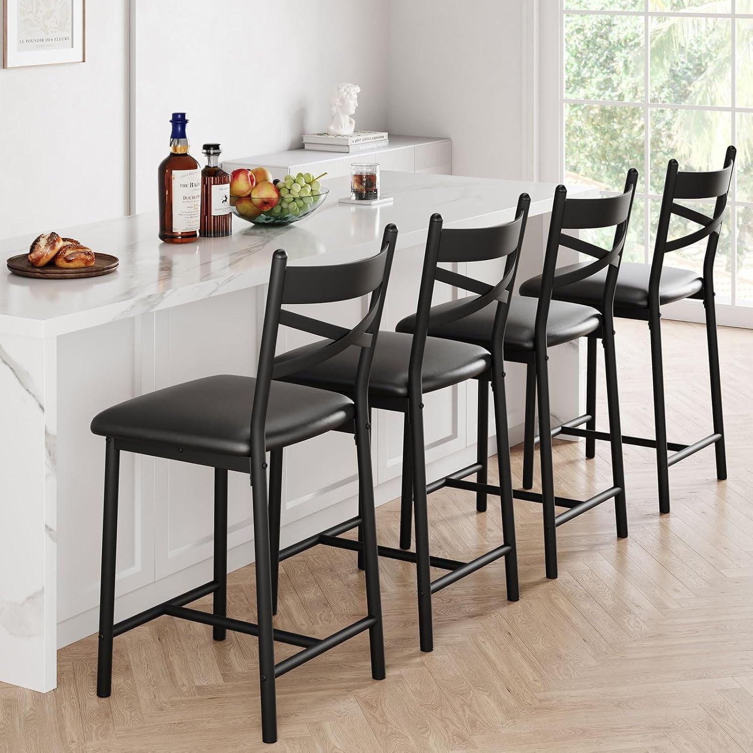 2/4PCS Home Bar Stools, PU Upholstered Bar Chairs, Kitchen Island Chairs With X-Shaped Backrest And Metal Footrest, Black Counter Height Chairs For Dining Room, Coffee Shop