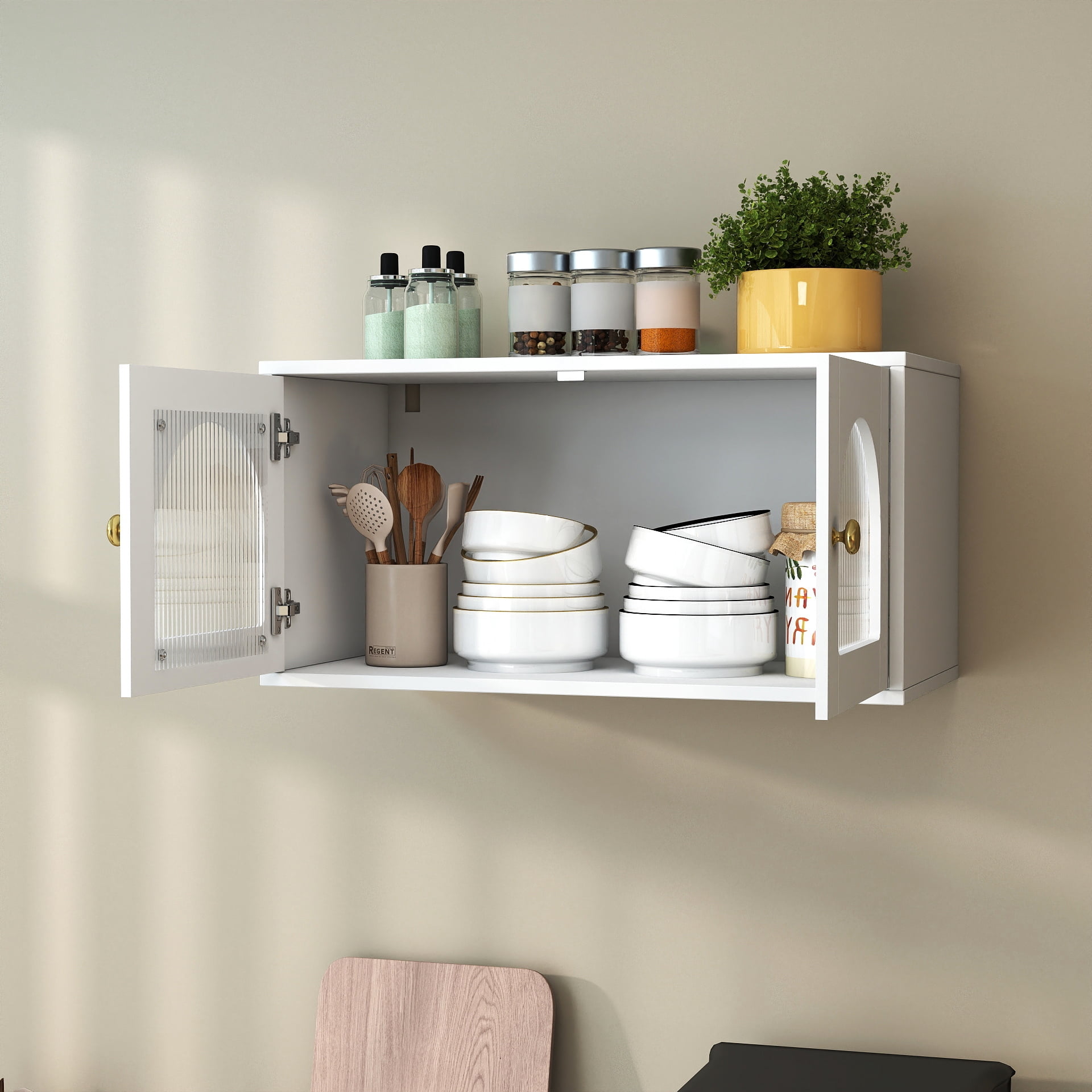 Wall Mounted Cabinet Glass Door Floating Storage Cabinet for Kitchen Bathroom Living Room, White
