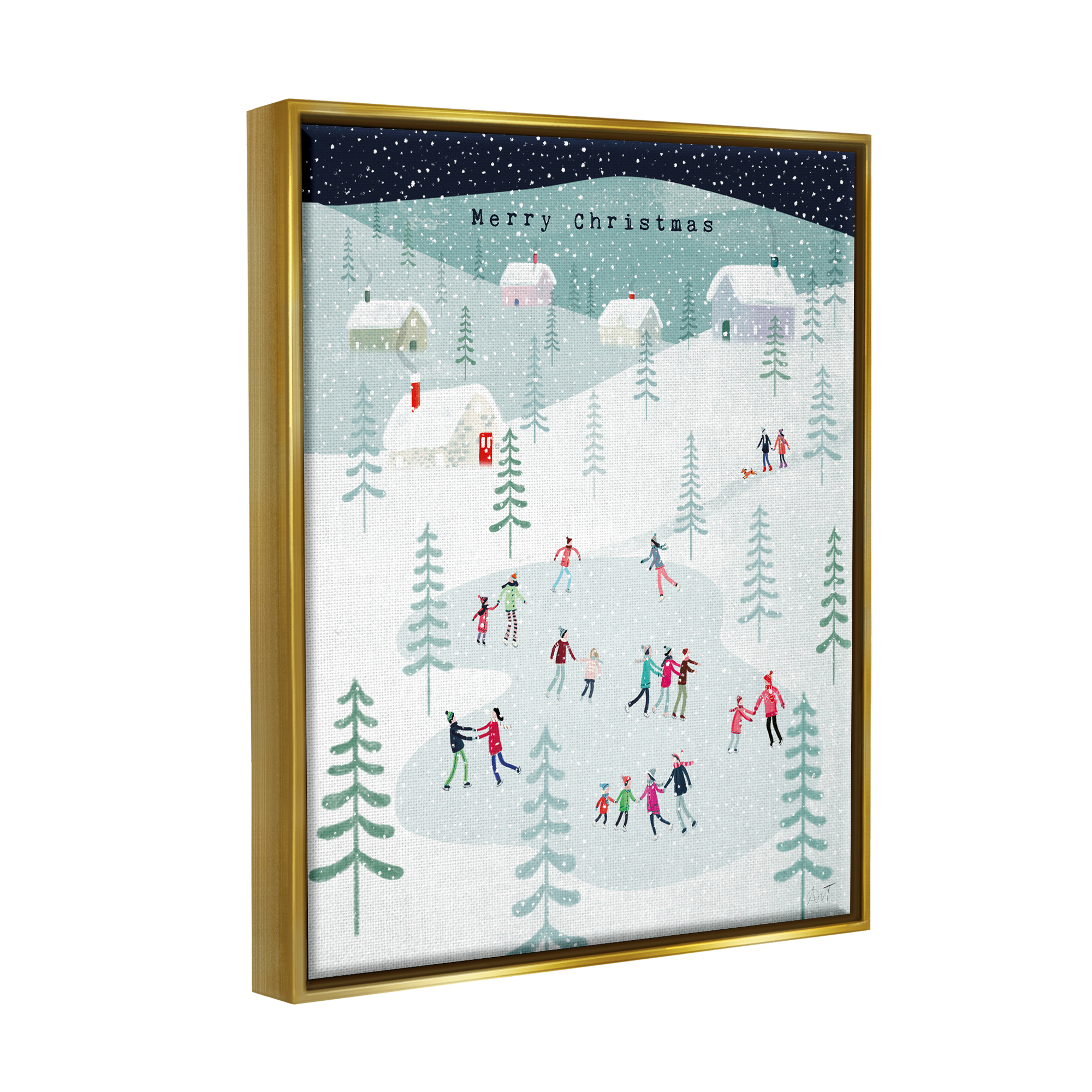 Stupell Industries Merry Christmas Winter Ice Skating Holiday Painting Gold Floater Framed Art Print Wall Art