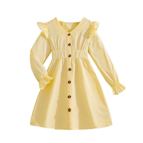 SGMVNU Girl Smocked Dress Button and Ruffle Tiered A-line Swing Dress Casual Long Sleeve Fall Spring Dresses Formal Wedding Party for Age 8-9 Years, Yellow