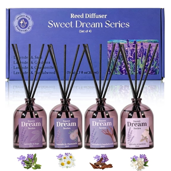 SCENTORINI Multi-Scent Reed Diffuser for Home Sleep, Lavender Essential Oil Diffuser, Room Air Freshener for Bedroom Bathroom Décor, 4 Pack(200ml)