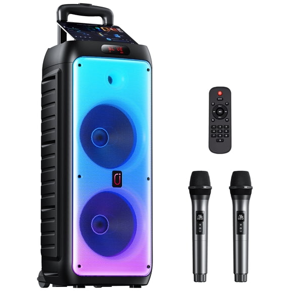 Restored Large Bluetooth Speaker with 2 Microphones, Portable Party Speaker with DJ Lights, Wheels & Trolley Bar, Remote, 8" Woofer Stereo System