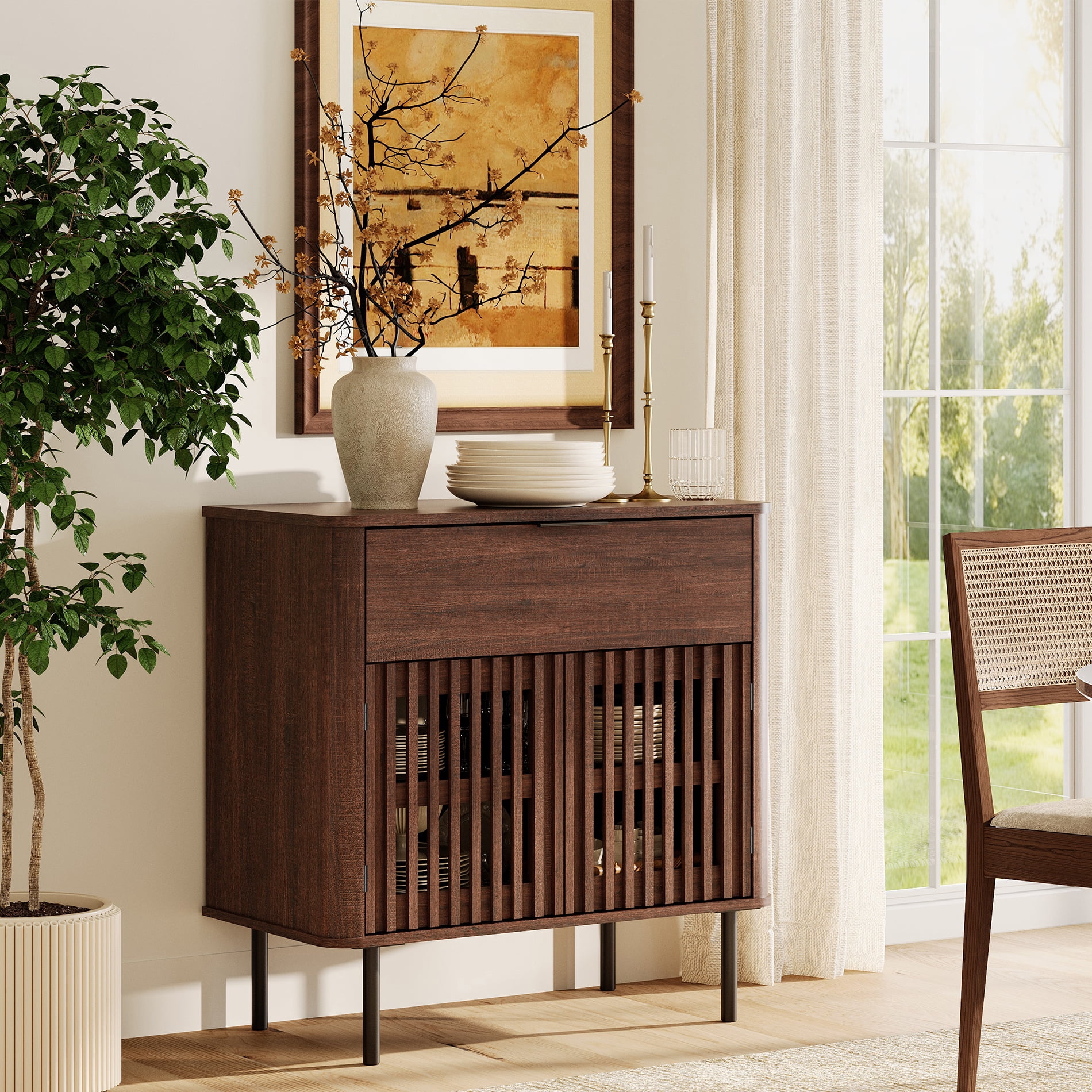 31.5" W 1-Drawer and 2-Door Fluted Sideboard with Adjustable Shelf, Walnut