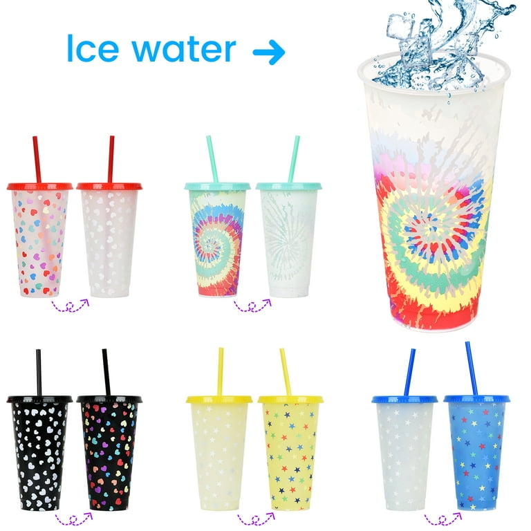 ODOSOLA Plastic Cups with Lids and Straws, 6 Pack 24oz Color Changing Cups, Reusable Cups with Lids and Straws Bulk for Adults Kid Women Party, Cute