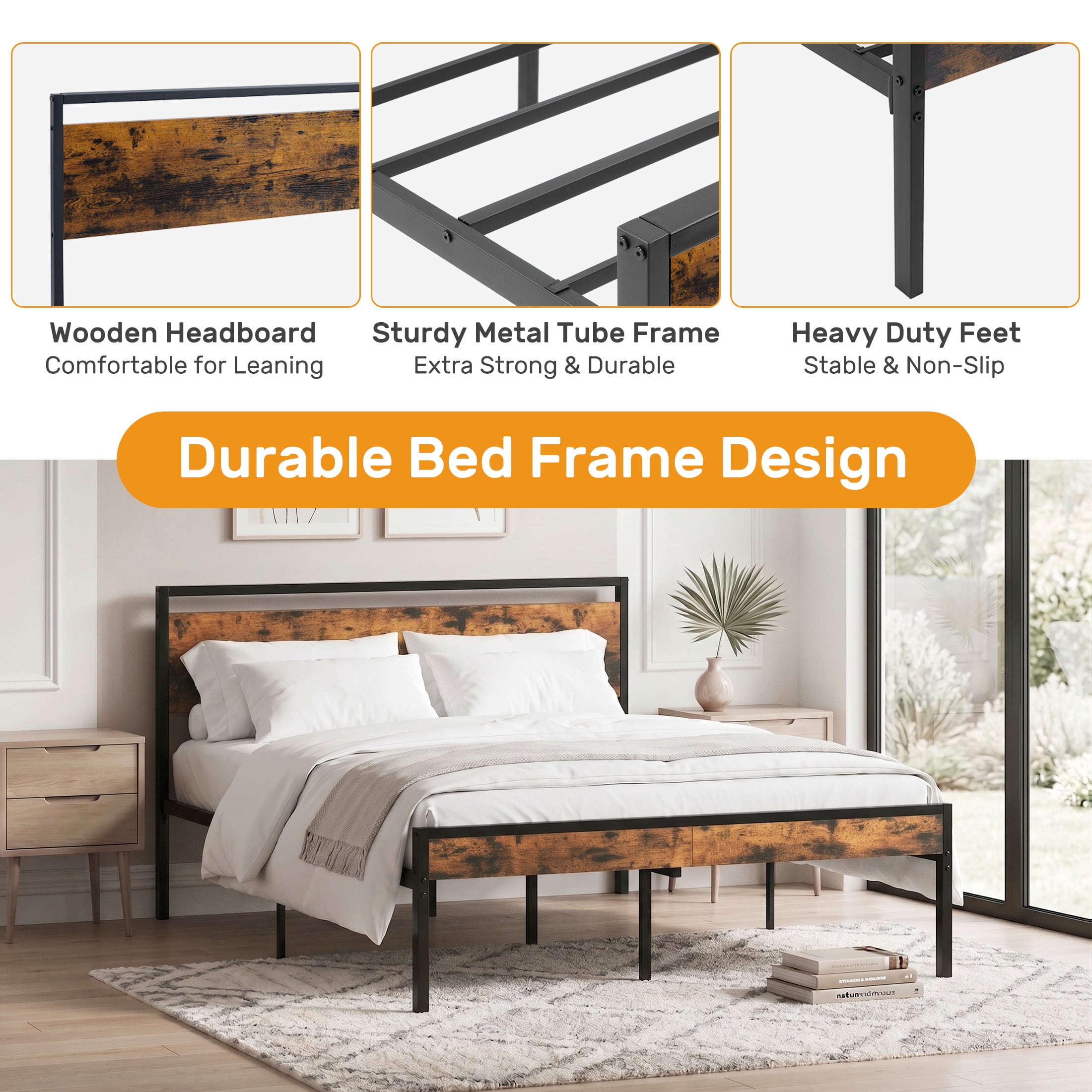 Gianna Heavy Duty Queen Size Metal Platform Bed, No Box Spring Required with Headboard and Footboard, Mattress Foundation, Rust