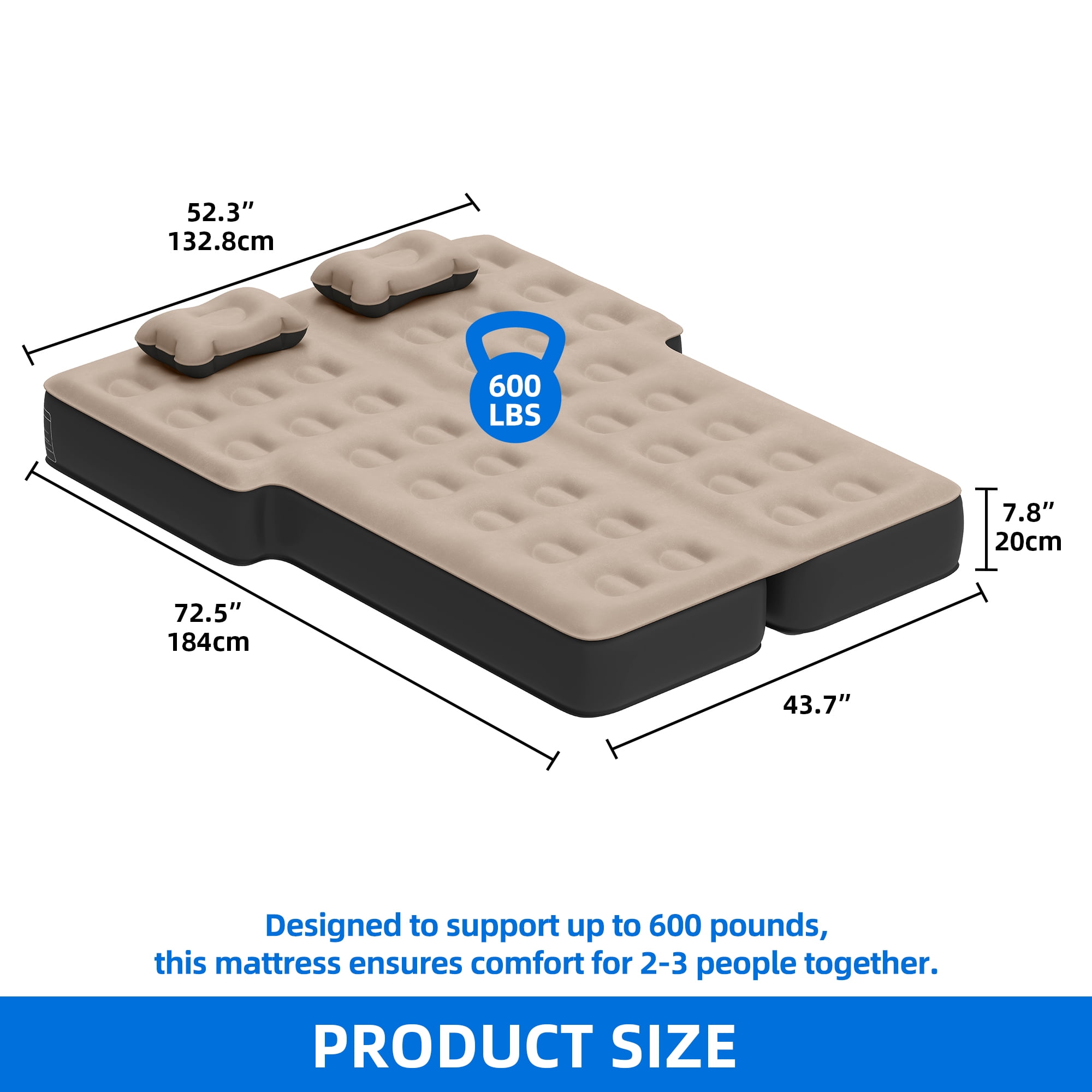 Dextrus Inflatable Car Air Mattress with Pump, Portable SUV Air Bed with Pillows for Camping, Home, Travel, Brown