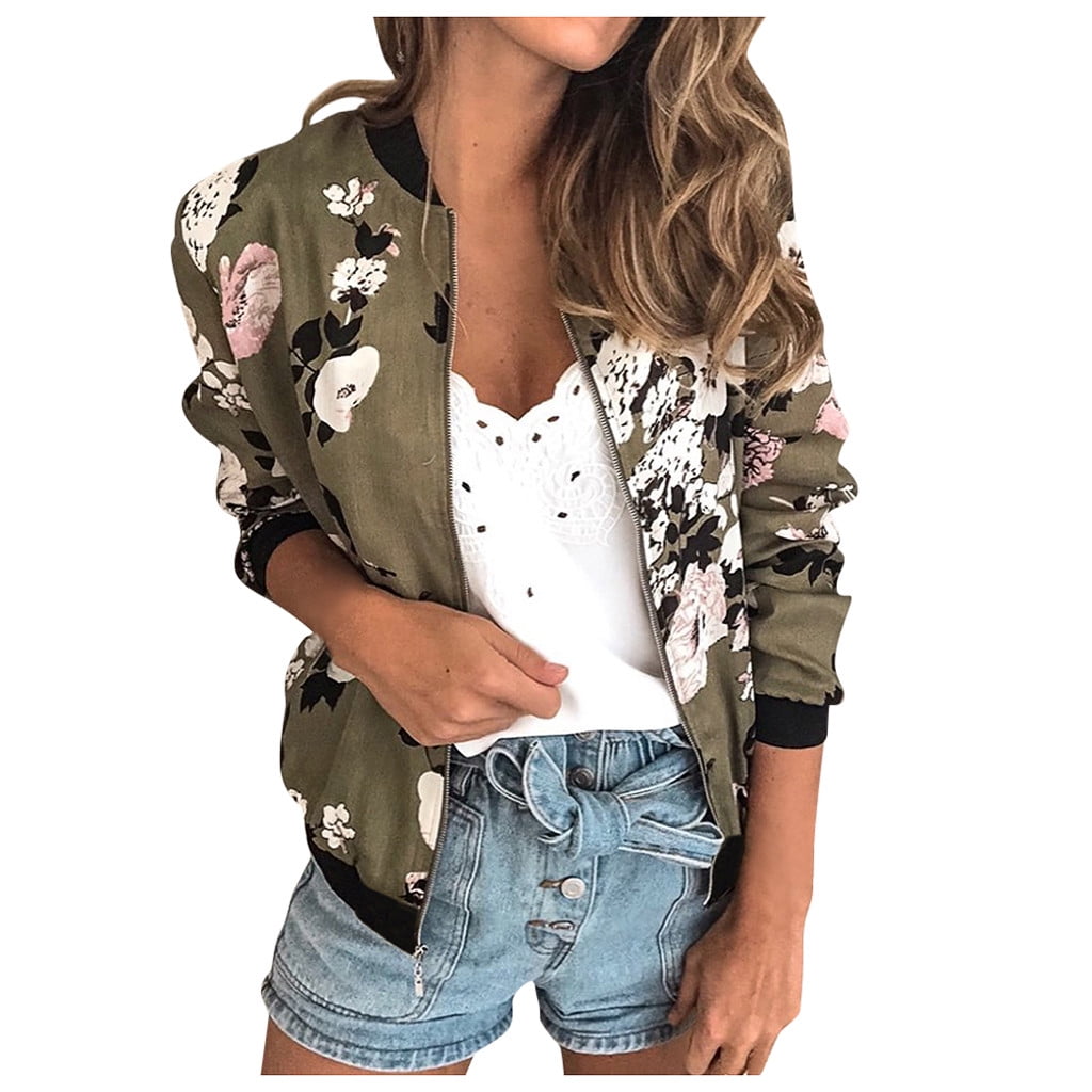 vbnergoie Womens Ladies Retro Floral Zipper Up Jacket Casual Coat Outwear  Juniors Utility Jacket Black Jacket Womens 