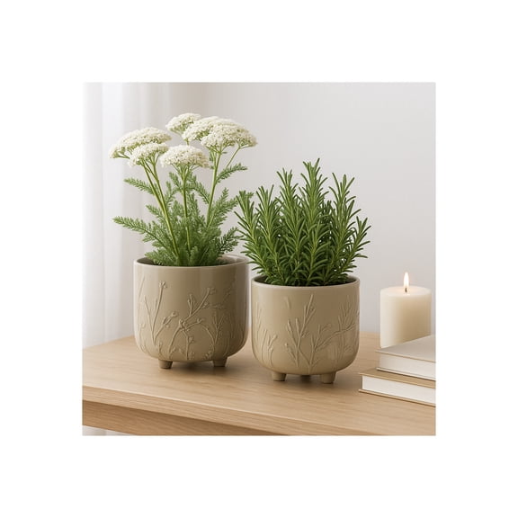 Home Decor Flower Pots and Planters - Ceramic Pots for Indoor and Outdoor Plants - Raised Design Pots for Plants That Enhance House Decor, Patio Decor, and Indoor Plant Stand Set of 2 - 9", 8" Cream