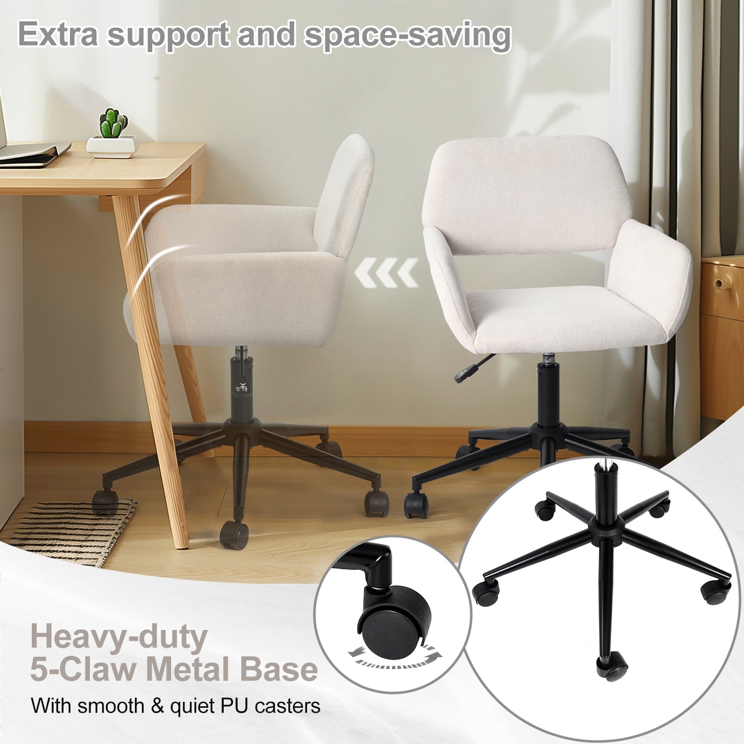 Homy Casa Velvet Swivel Task Office Chair with Wheels, Adjustable Height Mid-Back Desk Chair for Vanity, Home Office, Study Room, Beige