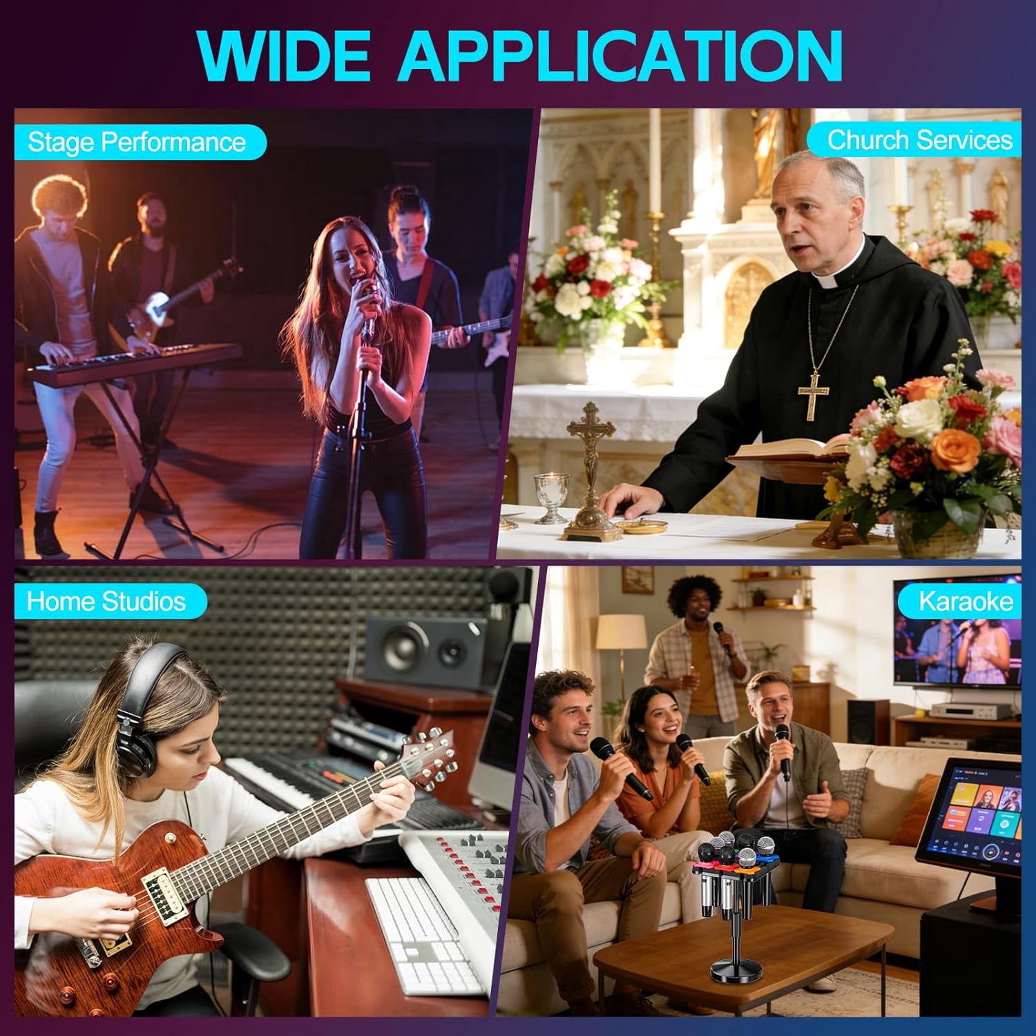 Multi Microphone Holder with Desktop Mic Stand, Square Tray with  Slots Holds  to 7 Mics, Wired and Wireless Mic Holder for Stage Organizer and Display-7 Anti-roll Rings Included