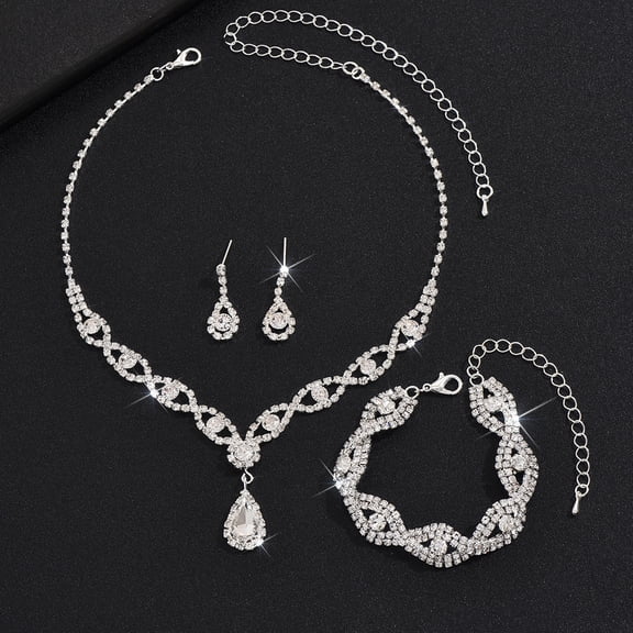 Faty-T Silver Rhinestone Bridal Wedding Jewelry Set Crystal Necklace Earrings Bracelet Sets Formal Costume Jewelry for Women and Brides