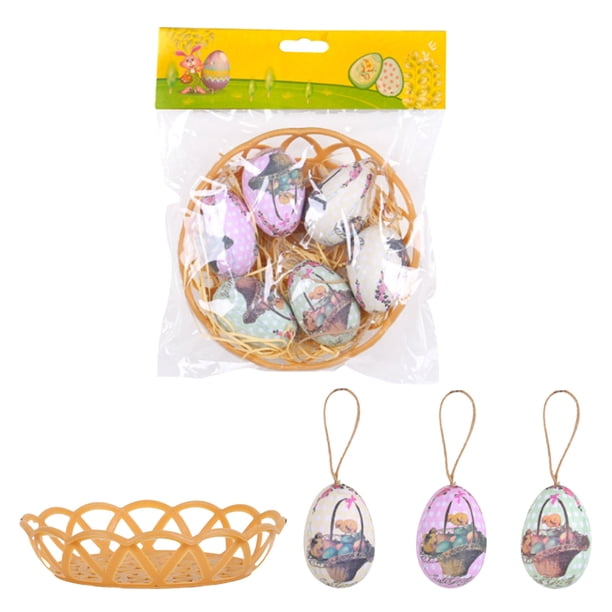 Set de decoración colgante de huevos de Pascua | Huevos de espuma artificial con cesta tejida | Huevos coloridos y realistas para fiesta de Pascua, centro de mesa, uso interior y exterior | 6 huevos