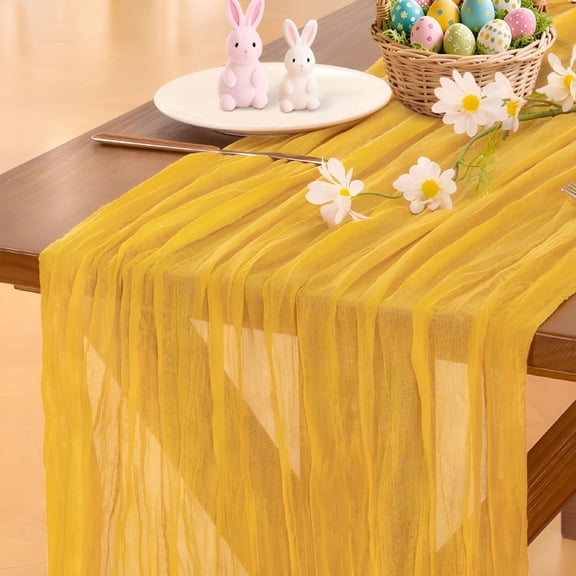 AUQ Gold Yellow Cheesecloth Table Runner Summer Boho Rustic Gauze 120 Inch 10Ft Cheese Cloth Sheer Runner for Wedding Party Baby Shower Birthday Home Decor Holiday Decorations